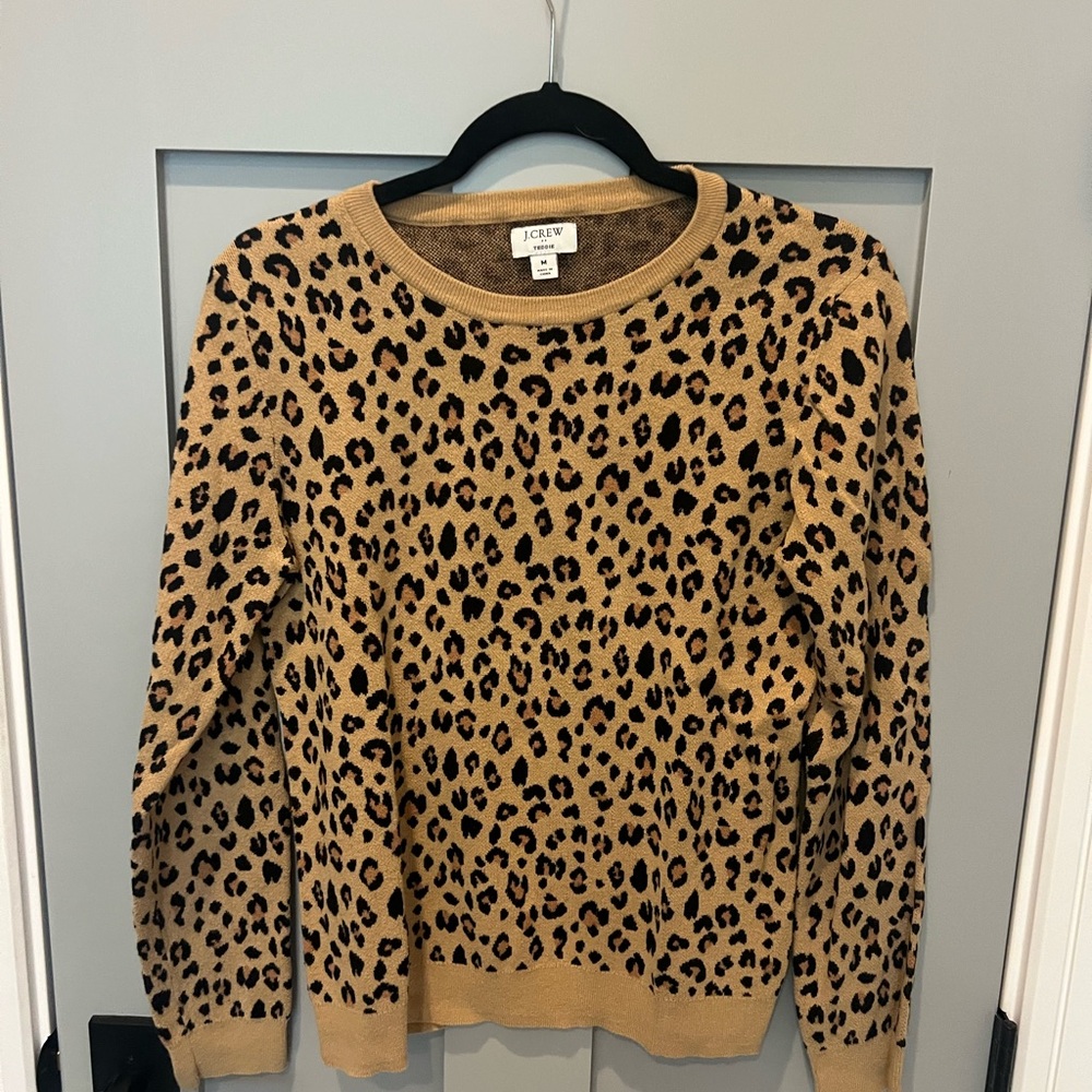 J. Crew Brown Crew Neck Sweater with Leopard Print